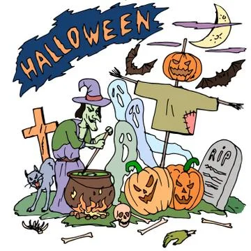 Vector seamless pattern for Halloween. Pumpkin, ghost, bat, bone, skull, witch Illustrazione stock