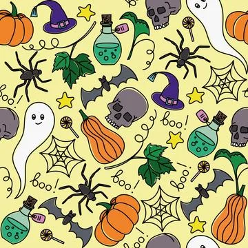 Vector seamless pattern for Halloween. Pumpkin, ghost, bat, candy, and other  Stock Illustration