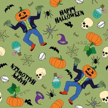 Vector seamless pattern for Halloween. Pumpkin, ghost, bat, candy, and other  Illustrazione stock