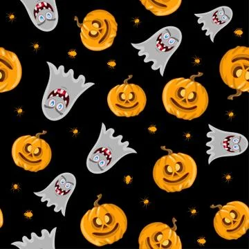 Vector seamless pattern for Halloween. Pumpkin, ghost and spider Stock Illustration