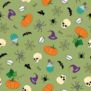 Vector seamless pattern for Halloween. Pumpkin, ghost, bat, candy, and other  Illustrazione stock
