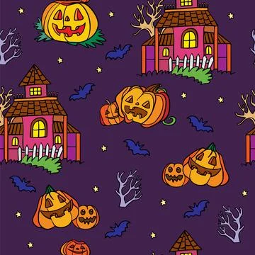 Vector seamless pattern for Halloween with pumpkin and ghost house Stock Illustration