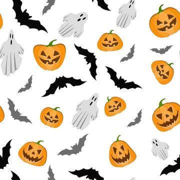 Vector seamless pattern for Halloween. Pumpkin, ghost, bat items on Halloween Stock Illustration