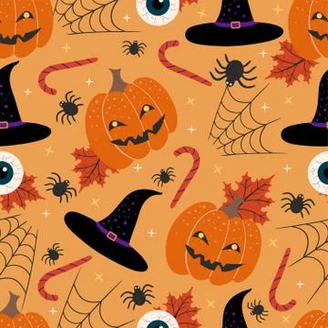 Vector seamless pattern for Halloween with pumpkins, candy, spiders. Stock Illustration