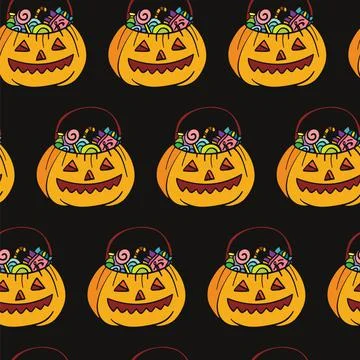 Vector seamless pattern for Halloween with pumpkins and sweets 스톡 일러스트