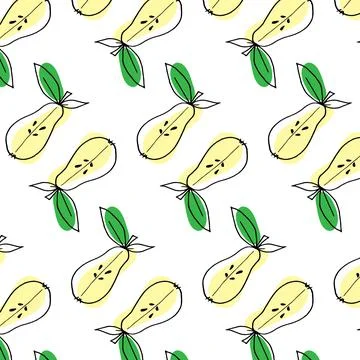 Vector seamless pattern of halves of pears with leaves in doodle style Stock Illustration