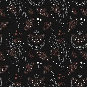 Vector seamless pattern with hand and moths. Moon. Mysticism. Wildlife. Stock Illustration
