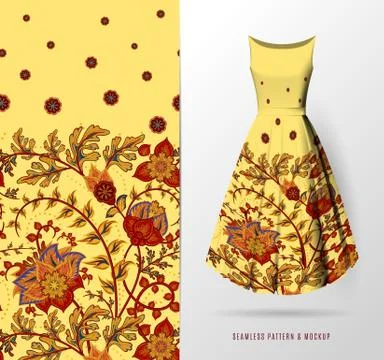 Vector seamless pattern of hand draw fantasy flowers on women's dress mockup イラスト素材