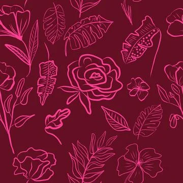 Vector seamless pattern of hand draw flower outline fuchsia color and tropica Stock Illustration