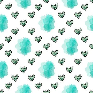 Vector seamless pattern with hand drawing green mint hearts and mint stain Stock Illustration