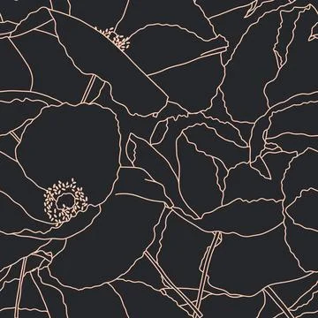 Vector seamless pattern with hand drawing wild flowers, dark botanical illust Stock Illustration