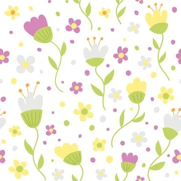 Vector seamless pattern with hand drawing flowers, colorful botanical illustr Stock Illustration