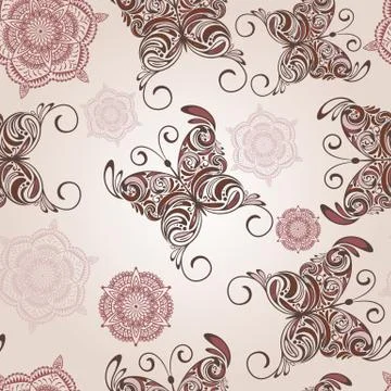 Vector seamless pattern with   hand drawn butterflies and abstract flowers Stock Illustration