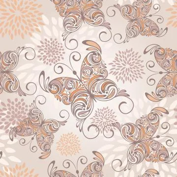 Vector seamless pattern with   hand drawn butterflies and abstract flowers Stock Illustration