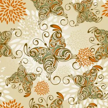 Vector seamless pattern with   hand drawn butterflies and abstract flowers Stock Illustration