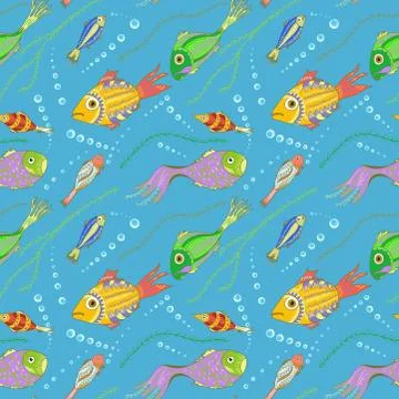 Vector seamless pattern with hand drawn fishes, seaweeds and bubbles. Tropica Stock Illustration
