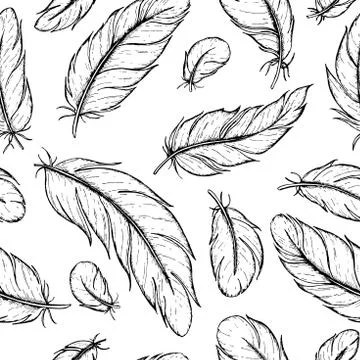 Vector seamless pattern of hand drawn feather. Ink feather vinta Stock Illustration
