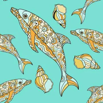 Vector seamless pattern with hand drawn dolphin Illustrazione stock