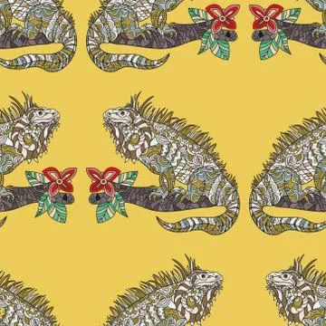 Vector seamless pattern with hand drawn iguana Stock Illustration