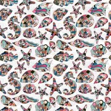 Vector seamless pattern with hand drawn underwater creatures Stock Illustration