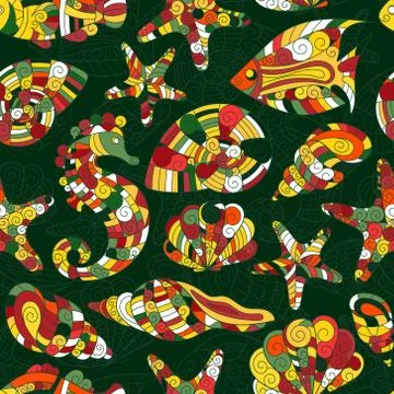 Vector seamless pattern with hand drawn underwater creatures Stock Illustration