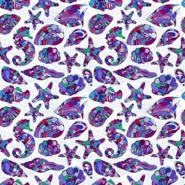 Vector seamless pattern with hand drawn underwater creatures Stock Illustration