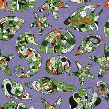 Vector seamless pattern with hand drawn underwater creatures Stock Illustration