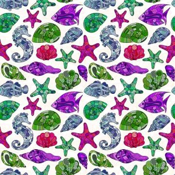 Vector seamless pattern with hand drawn underwater creatures Stockillustratie