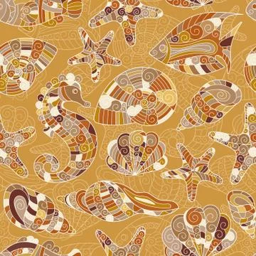 Vector seamless pattern with hand drawn underwater creatures Stock Illustration