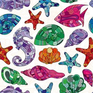 Vector seamless pattern with hand drawn underwater creatures Stock Illustration