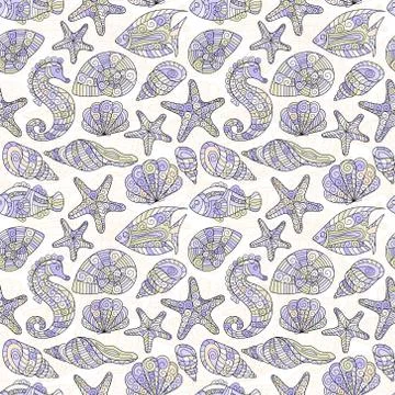 Vector seamless pattern with hand drawn underwater creatures 스톡 일러스트