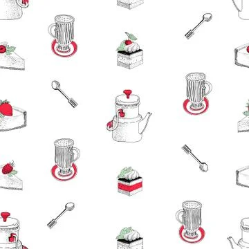 Vector seamless pattern with hand drawn tea and coffee and dessert illustra.. Stockillustratie