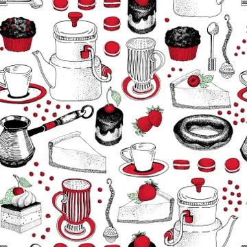 Vector seamless pattern with hand drawn tea and coffee and dessert illustra.. Stock Illustration