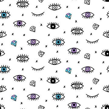 Vector Seamless pattern with hand drawn eyes and lashes Stock Illustration