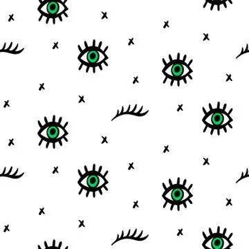 Vector Seamless pattern with hand drawn open and winking psychedelic eyes Stock Illustration