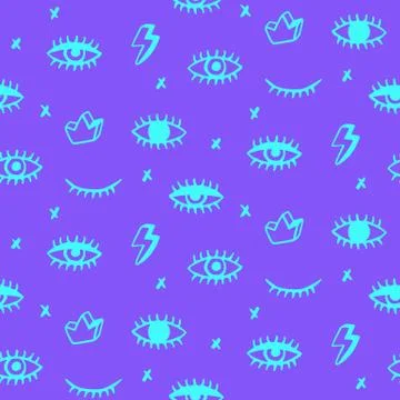 Vector Seamless pattern with hand drawn open and winking neon psychedelic eyes Stock Illustration