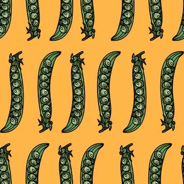 Vector seamless pattern with hand drawn green pea pods. Stock Illustration