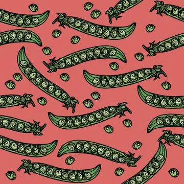 Vector seamless pattern with hand drawn green pea pods on red background. Stock Illustration