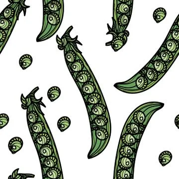 Vector seamless pattern with hand drawn green pea pods. Stock Illustration