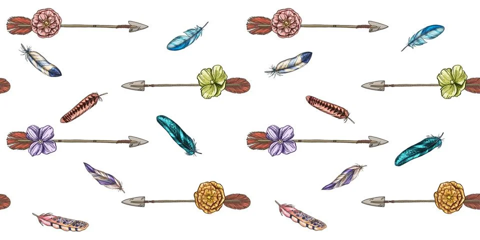 Vector seamless pattern with hand drawn vintage arrows, feathers and floral Stock Illustration