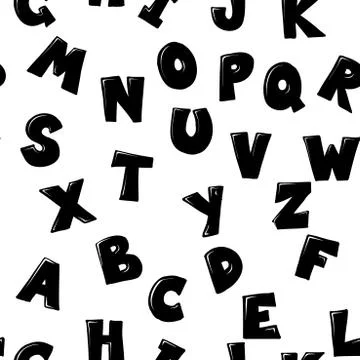 Vector seamless pattern with hand drawn childish style alphabet. Black and white Stock Illustration