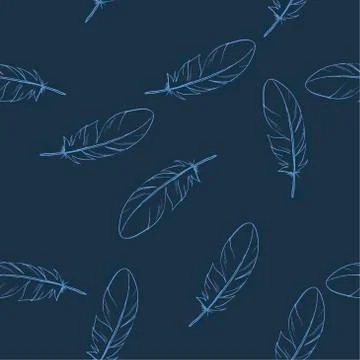 Vector seamless pattern with hand drawn feathers. Dark and deep color  Stock Illustration