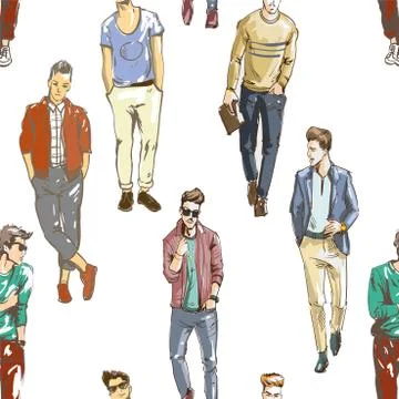 Vector seamless pattern of hand drawn fashionable men in modern casual style Stock Illustration