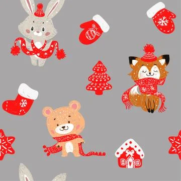 Vector seamless pattern with hand drawn doodle Christmas animals Stock Illustration