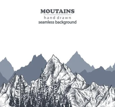 Vector seamless pattern with hand drawn graphic mountain ranges and pine forest. Illustrazione stock