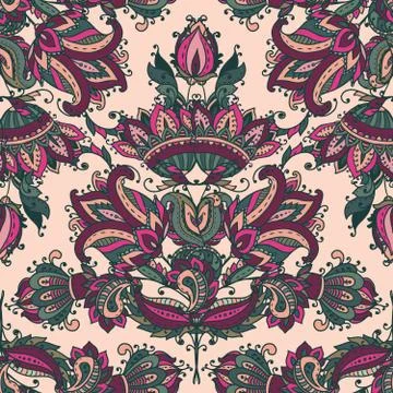 Vector seamless pattern with hand drawn paisley floral elements. イラスト素材