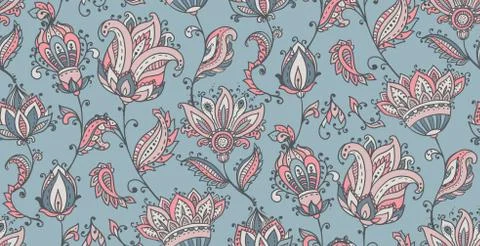 Vector seamless pattern with hand drawn paisley floral elements. Stock Illustration