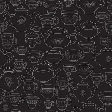 Vector seamless pattern of hand-drawn cups and pots. Stock Illustration
