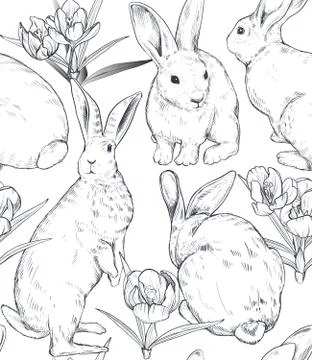 Vector seamless pattern with hand drawn rabbits. Stock Illustration