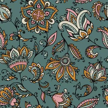 Vector seamless pattern with hand drawn paisley floral elements. イラスト素材
